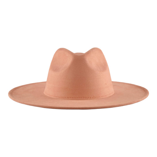 A suede wide brim fedora hat in pink color