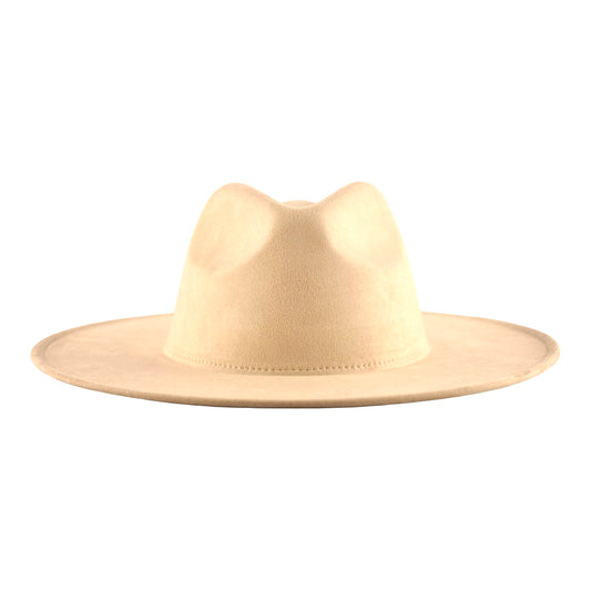 A suede wide brim fedora hat in cream color
