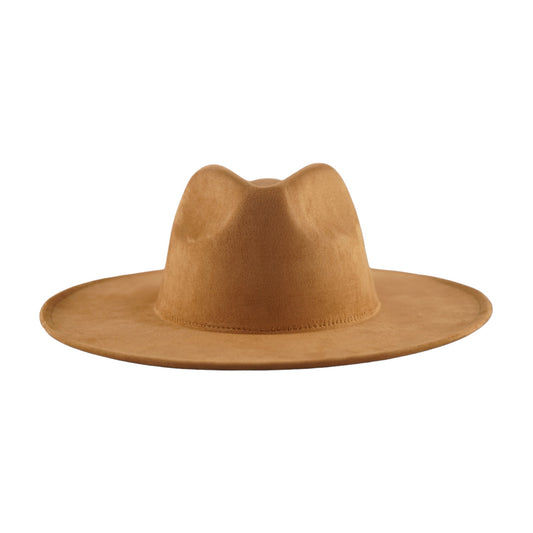 A suede wide brim fedora hat in tan color